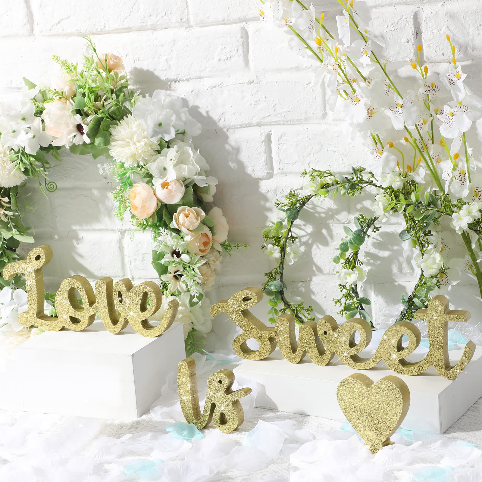 Love Sign Love is Sweet Decor for Dessert Table Sweetheart Party Table Decorations Wedding Wood Decor with Heart Valentines Day Anniversary Home Bridal Shower Shelf Wooden Letters Gold