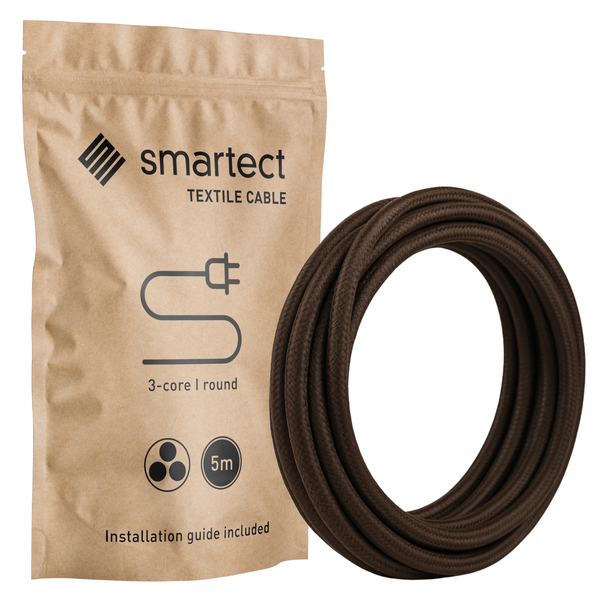 smartect Cable Textil en Color Marrón, Cable Electrico 3 Hilos de 5 Metros (3 x 0,75 mm²) Cuerda para Lampara con Revestimiento Textil para su Proyecto DIY