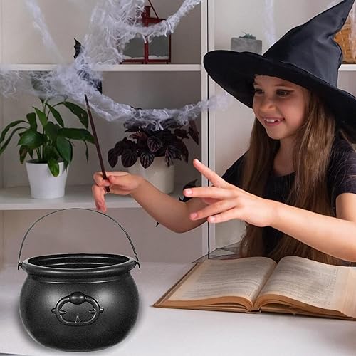 Miniatura 6 de Caldero de plástico de Halloween de 7.5 pulgadas, cuenco de caramelo negro, cubo grande de caldero de bruja para decoraciones de Halloween, soporte