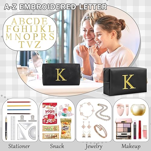 Miniatura 7 de Bolsa de maquillaje con inicial de regalo personalizado, con letras bordadas doradas, bolsa de cosméticos para niñas adolescentes, pequeña bolsa de