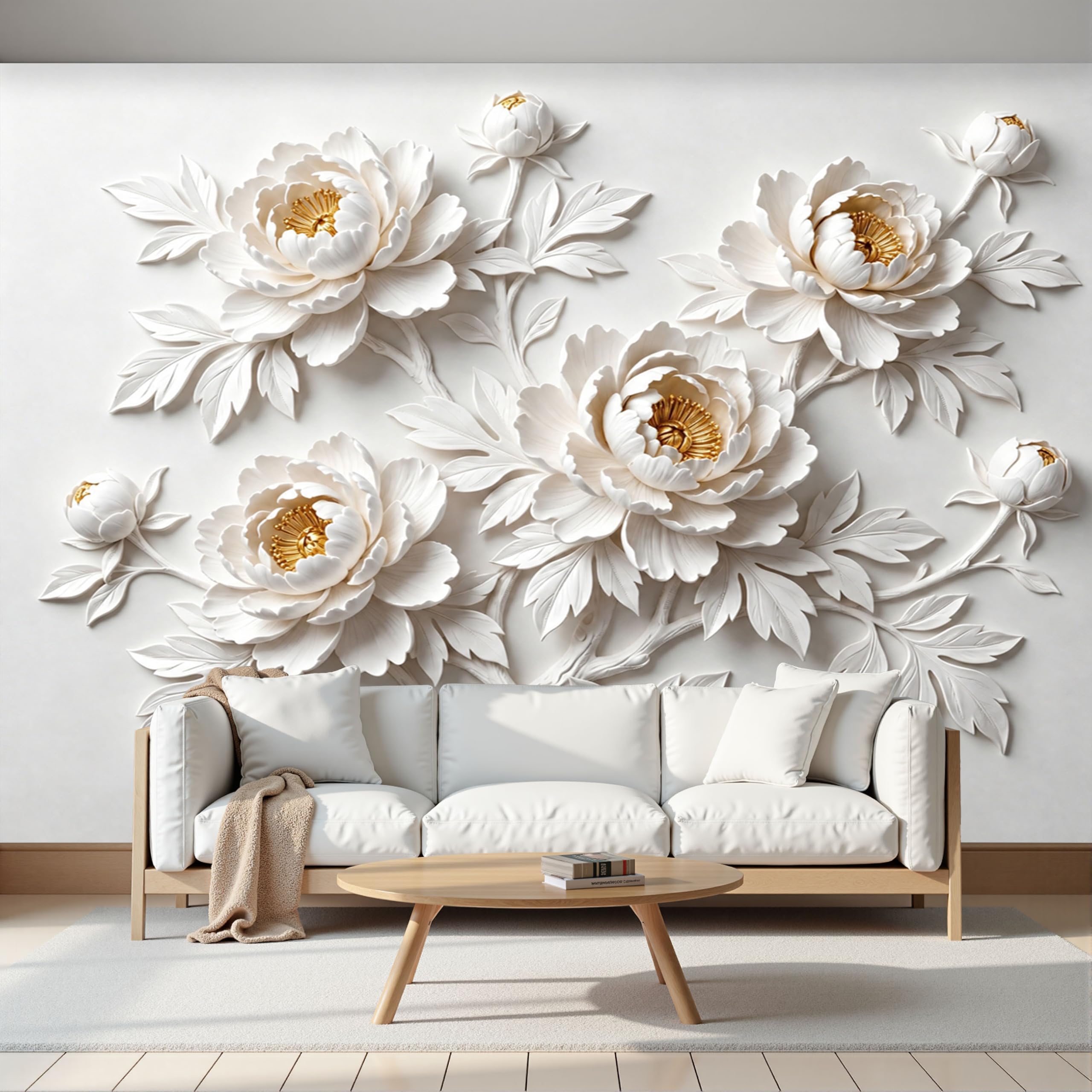 Fototapete Vlies Tapete 3D Effekt Fototapeten 3D-Relief Einer Einfarbigen Pfingstrose Vliestapete Luxuspflanzen Tapeten Weiß Gold Moderne Wandtapete, Wohnzimmer, Tv Hintergrund Deko, 300X210Cm (B×H)