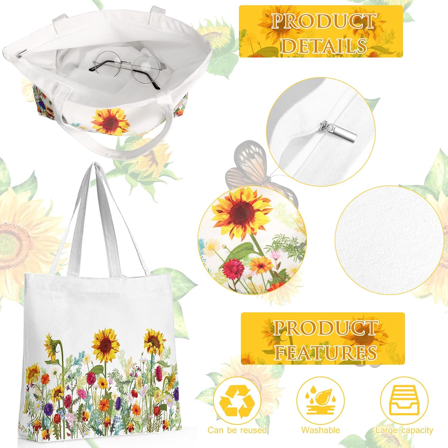 Sadnyy 2 Pcs Sunflower Aesthetic Canvas Tote Bags with Makeup Zipper Pouch for Women Valentine Galentine Cute Floral Reusable Shoulder Tote Bag for Teacher Beach Shopping Travel Work Gym Grocery - Image 5