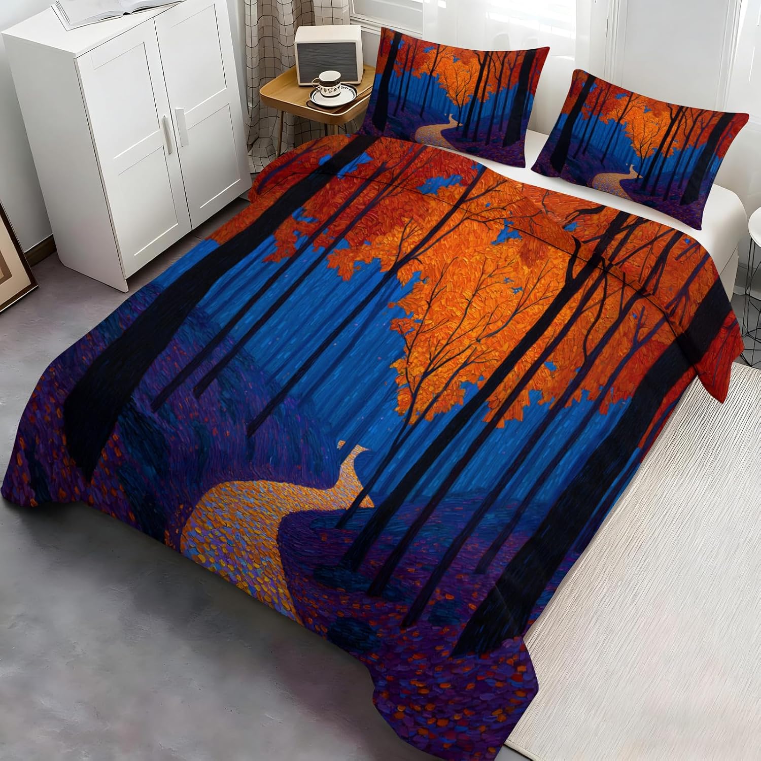 Autumn Duvet Cover Queen Size Comforter Set with 2 Pillowcases, Romantic Fall Season Bedding Set 3 Piece, Flowers Leaves Duvet Cover with Zipper Ties (NO Comforter)