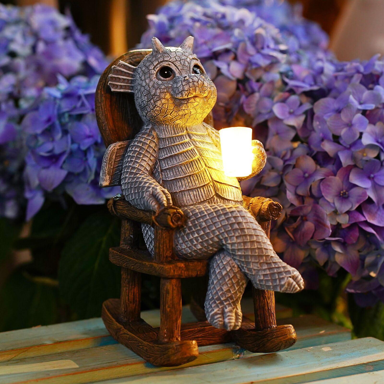 Solar Powered Dragon LED Garden Light Figurine - Outdoor Decorative Rocking Chair Ornament, Relaxing Dragon Statue Gift for Women & Men