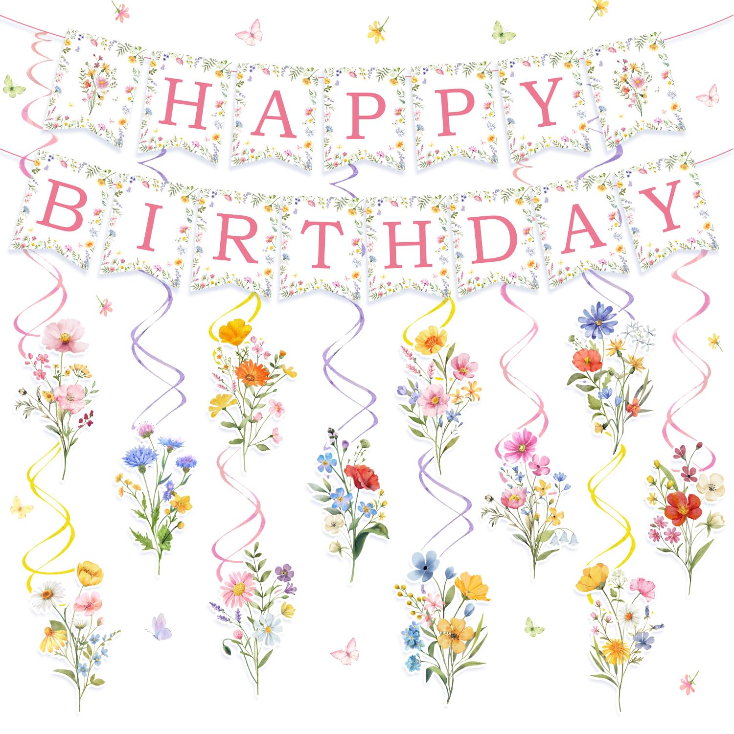 Flower Birthday Decorations Hanging Banner, 13PCS Wildflower Happy Birthday Banner Garland Flower Hanging Swirls for Girls Women Spring Wildflower