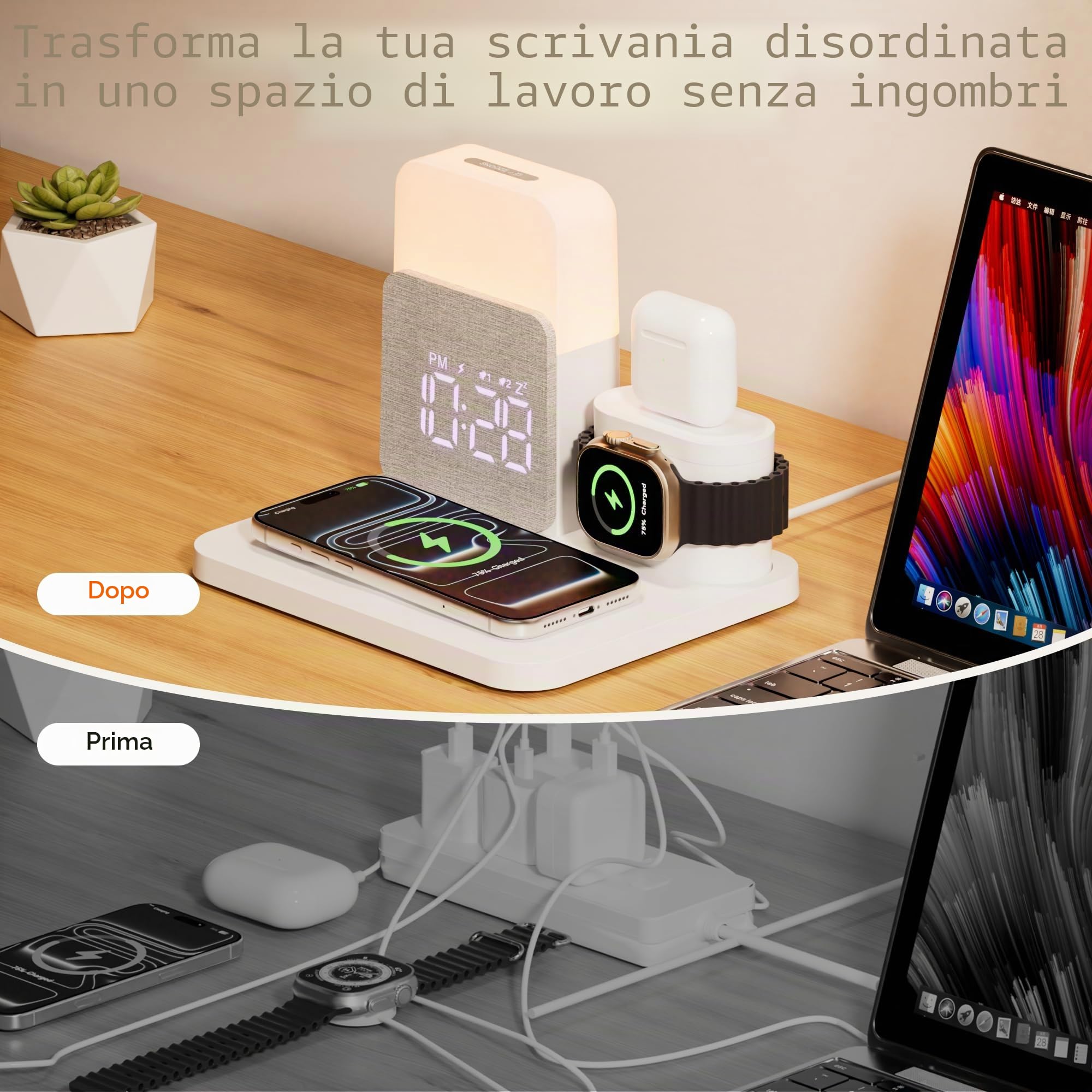 5 in 1 Caricatore Wireless per i-phone, Stazione di Ricarica con Sveglia | Caricatore 3 in 1 A-Watch Air-Pods i-phone 17-11 e Luce 3 Colori Regolabile, Adattatore Incluso – per Camera, Ufficio