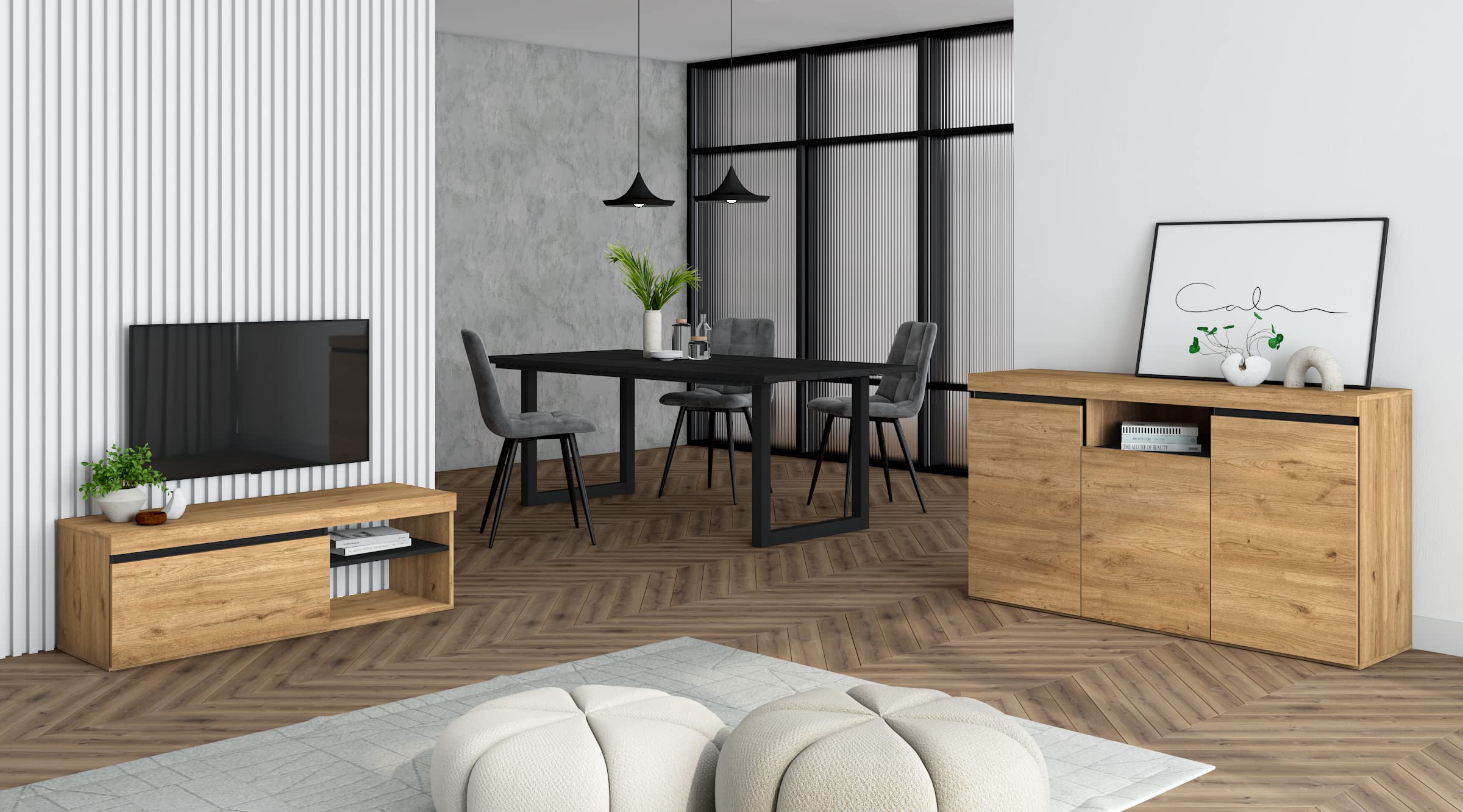 Skraut Home - Set di mobili per il soggiorno | Tavolo 200 Nera piedi U 10 commensali | Mobile TV 120 | Madia/Credenza 140 | Rovere e Nero | Stile industriale
