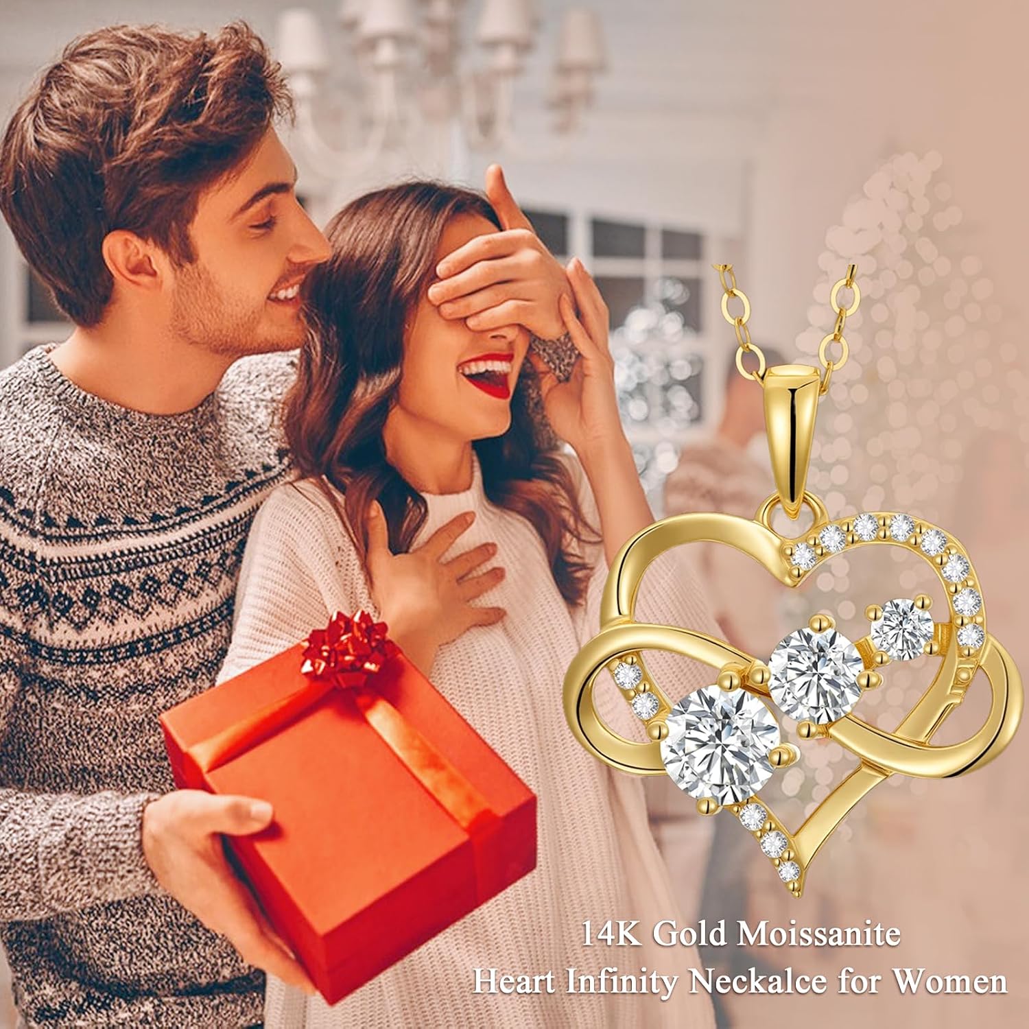 SISGEM 14K Real Gold Heart Infinity Necklace for Women,Yellow Gold 1.2 cttw Moissanite Infinite Love Pendant Necklaces Mother's Day Birthday Gifts for Her 16‘’-18‘’