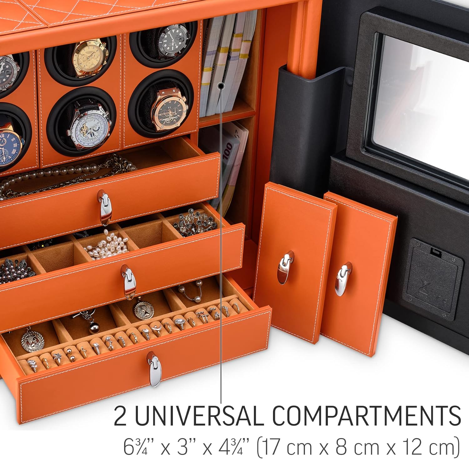 6 Watch Winder with 3 Storage Drawers, Fingerprint Lock, Interior Light and Alarm System