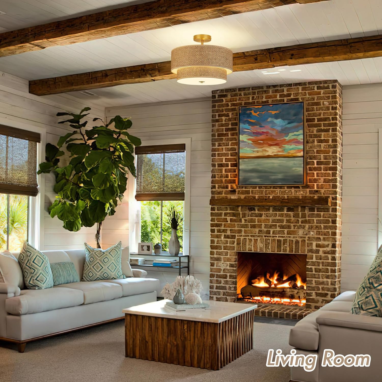 16 Inch Woven Rattan Linen Semi Flush Mount Ceiling Light Fixture, Modern Boho Drum Lamp for Bedroom, Kitchen, Dining Room, Living Room, Hallway, Entryway, Farmhouse Gold Wicker Chandelier