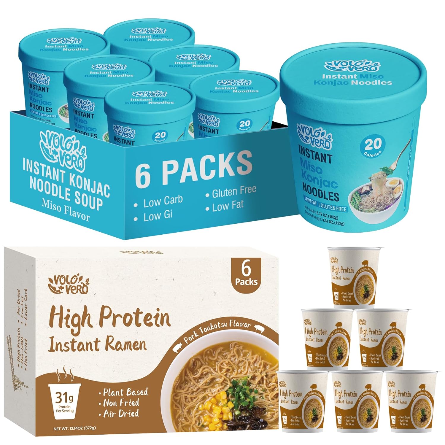 VOLO VERO Konjac Noodle Instant Flavored Soup Cup, High Protein Instant Ramen Cup, 12 Packs, Keto, Low Carb, Low Fat, Vegan, Healthy Diet Food, Holiday Gifts