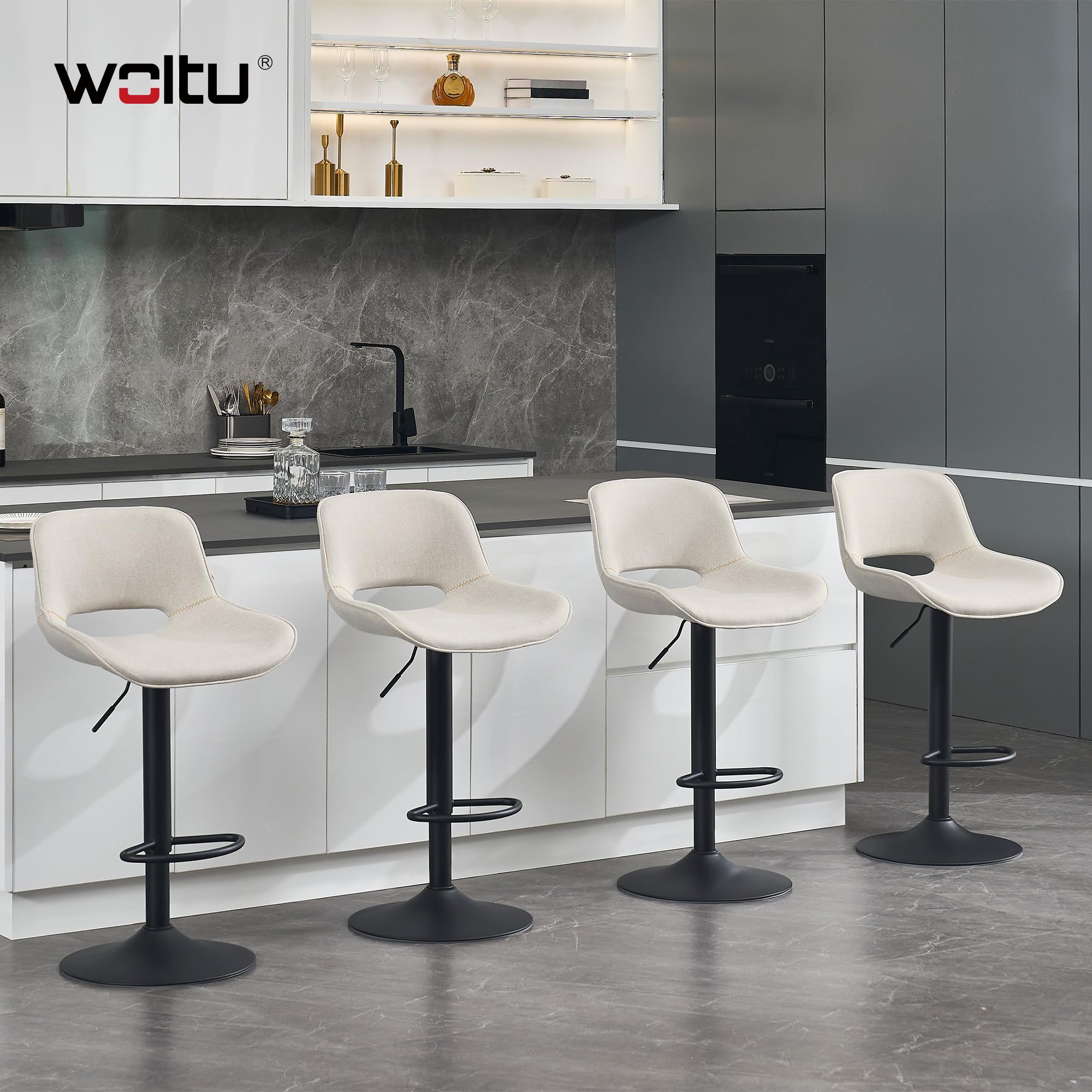 WOLTU 2X Taburetes de Bar, con Reposapies Tela, Beige | para Comedor, Salón y Cafetería