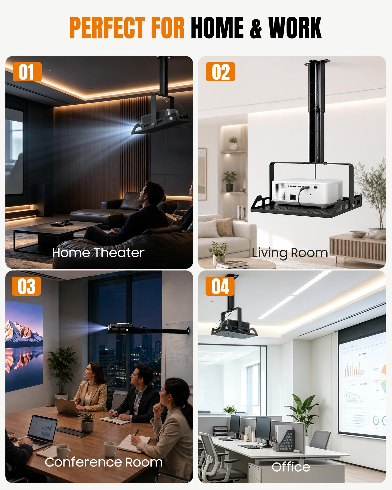 Soporte de techo para proyector, altura regulable y orientable, soporte universal para proyector de techo y pared, soporta hasta 10 kg, con guía de cable oculta, para cine en casa y oficina