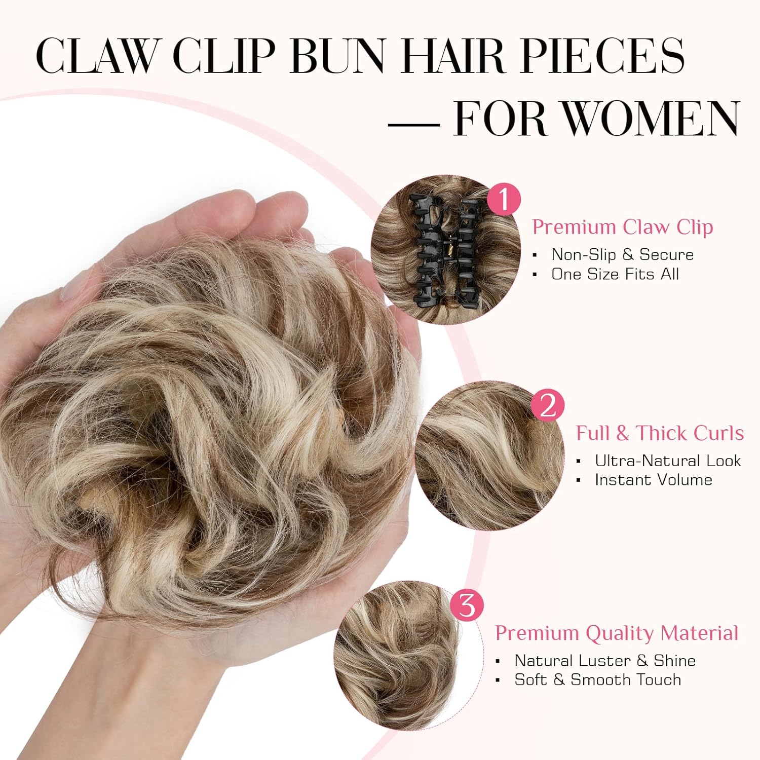 Rich Choices Claw Clip Messy Bun Hair Piece 100% Real Human Hair,Curly Wavy Thick Chignon Hair Extensions,Tousled Updo Hair Buns for Women 42g #4P613 Medium Brown Highlighted Bleach Blonde