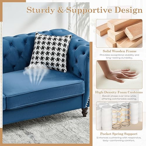 Miniatura 8 de Juego de 2 sofás de terciopelo negro moderno de mediados de siglo, sofá y sofá biplaza con botones copetudos, muebles para la sala, cómodo sofá