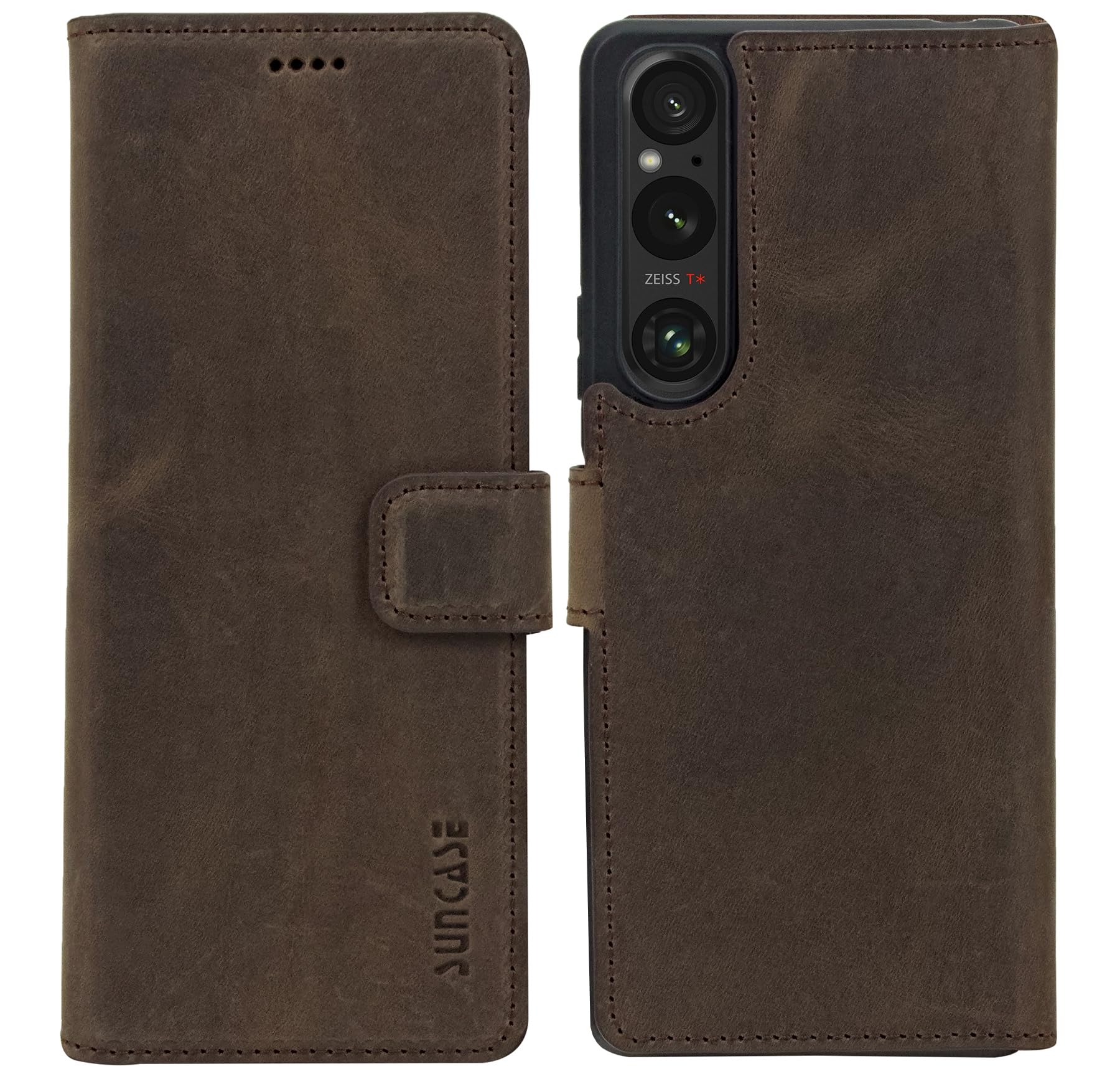 Suncase Custodia In Vera Pelle Per Sony Xperia 1 V (2023) - Colore Caffè Antico, Foderata In Velluto, Realizzata A Mano
