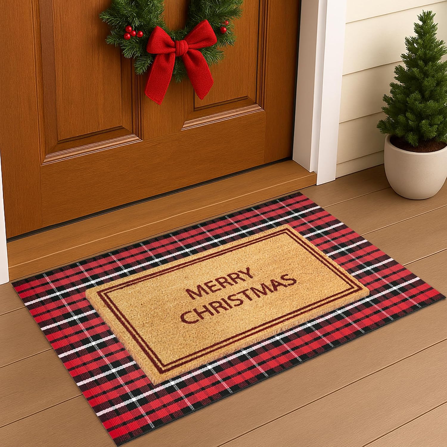 Christmas Door Mat Set 2-Piece, 17"x30" Coir Welcome Mat with 'Merry Christmas' and 28"x43" Red Black WhiteCheck Rug, Layered Front Porch Combo for Holiday Entryway Outdoor Decor