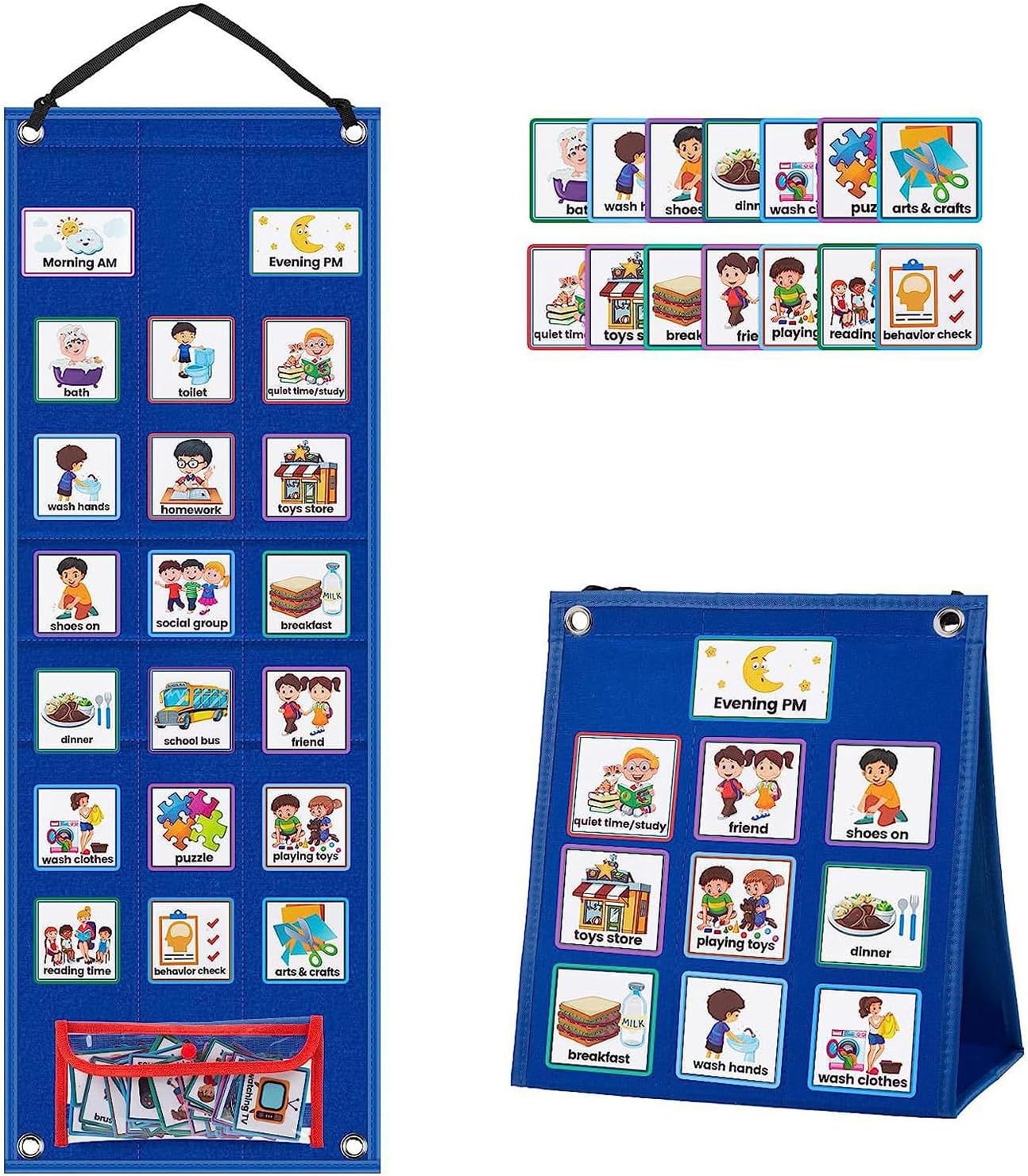 Amazon デイリースケジュールポケットチャート デイリールーチンポケットチャート 70枚のカード付き教室ポケットチャート スピーチと
