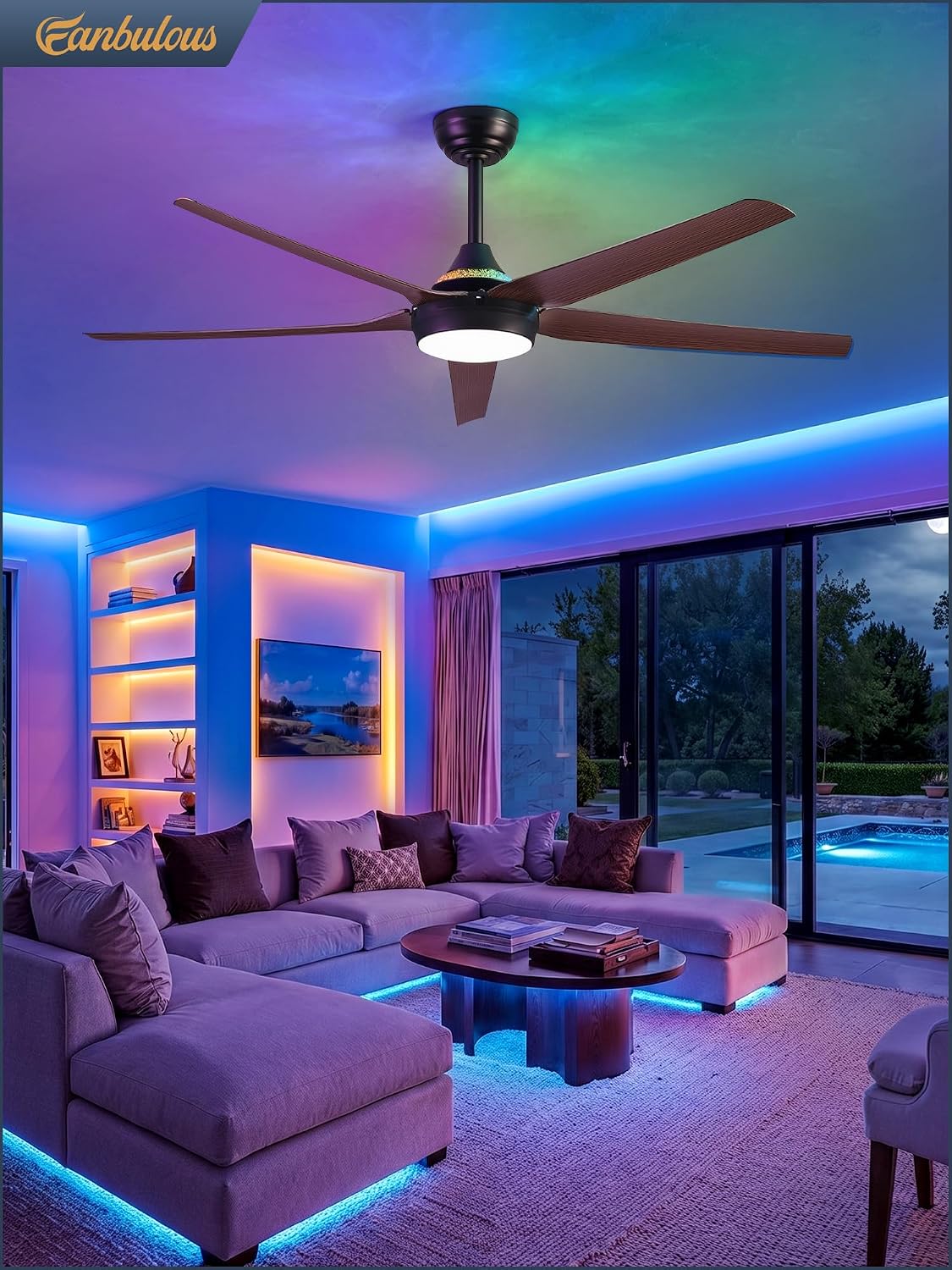 Fanbulous 56" Smart Ceiling Fans with RGB Lights, Low Profile, Walnut image 2