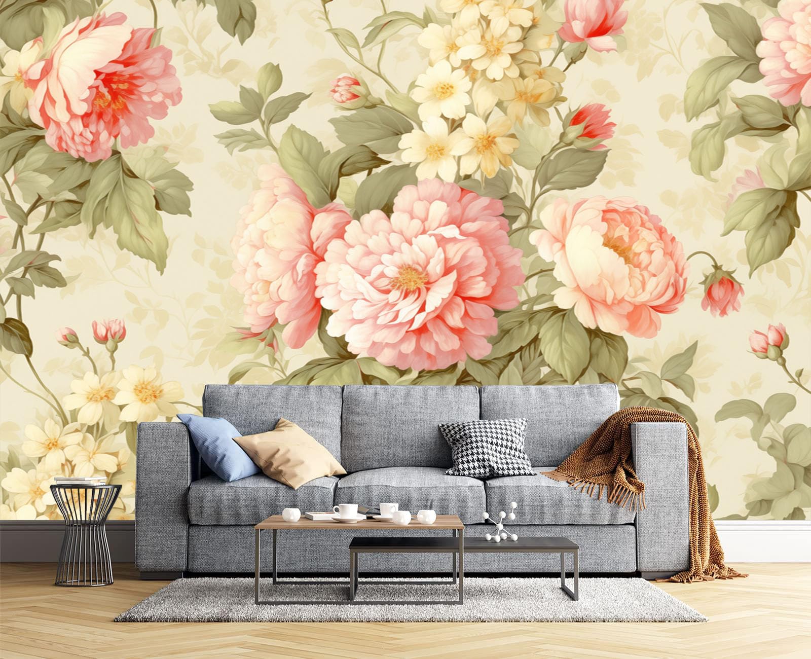 Papier peint pivoine panoramique effet soie 3D haut de gamme