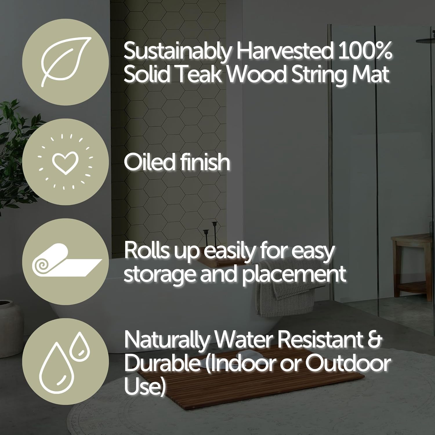 Nordic Teak 100% Solid Teak Wood String Mat - Indoor and Outdoor Use - Non-Slip Wooden Platform for Sauna, Pool, Hot Tub Flooring Decor and Protector (Oiled Finish, 36" x 36")