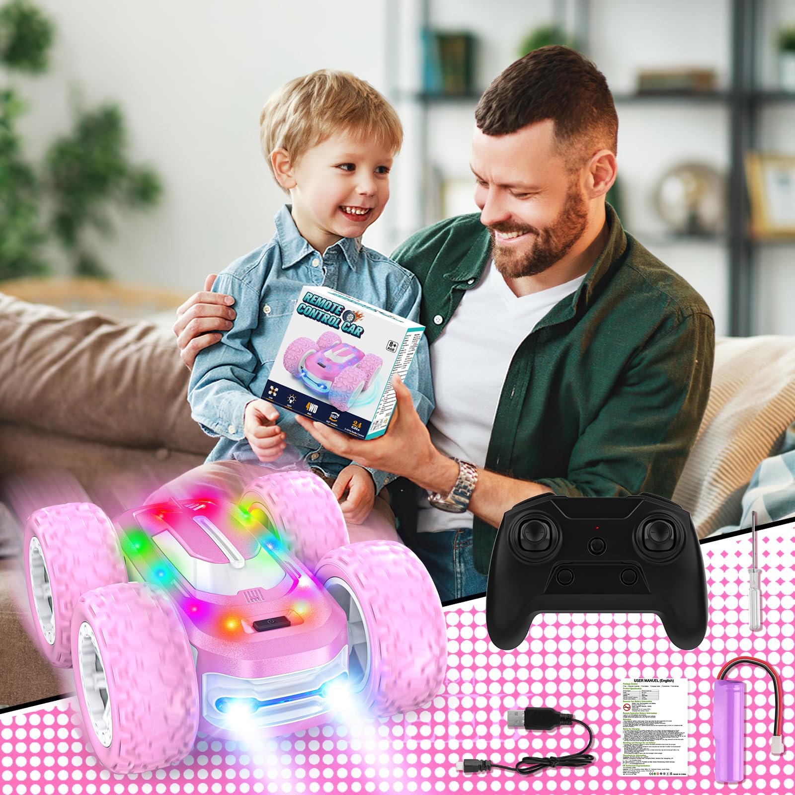 Voiture Télécommandée Fille, Jouet Enfant 8 9 10 11 12 Ans 4WD Voiture Cascadeuse 360° Rotation avec Lumière LED RC Drift Course Camion Tout Terrain Jeux Exterieur Jardin Cadeaux Garçons Filles (Rose)