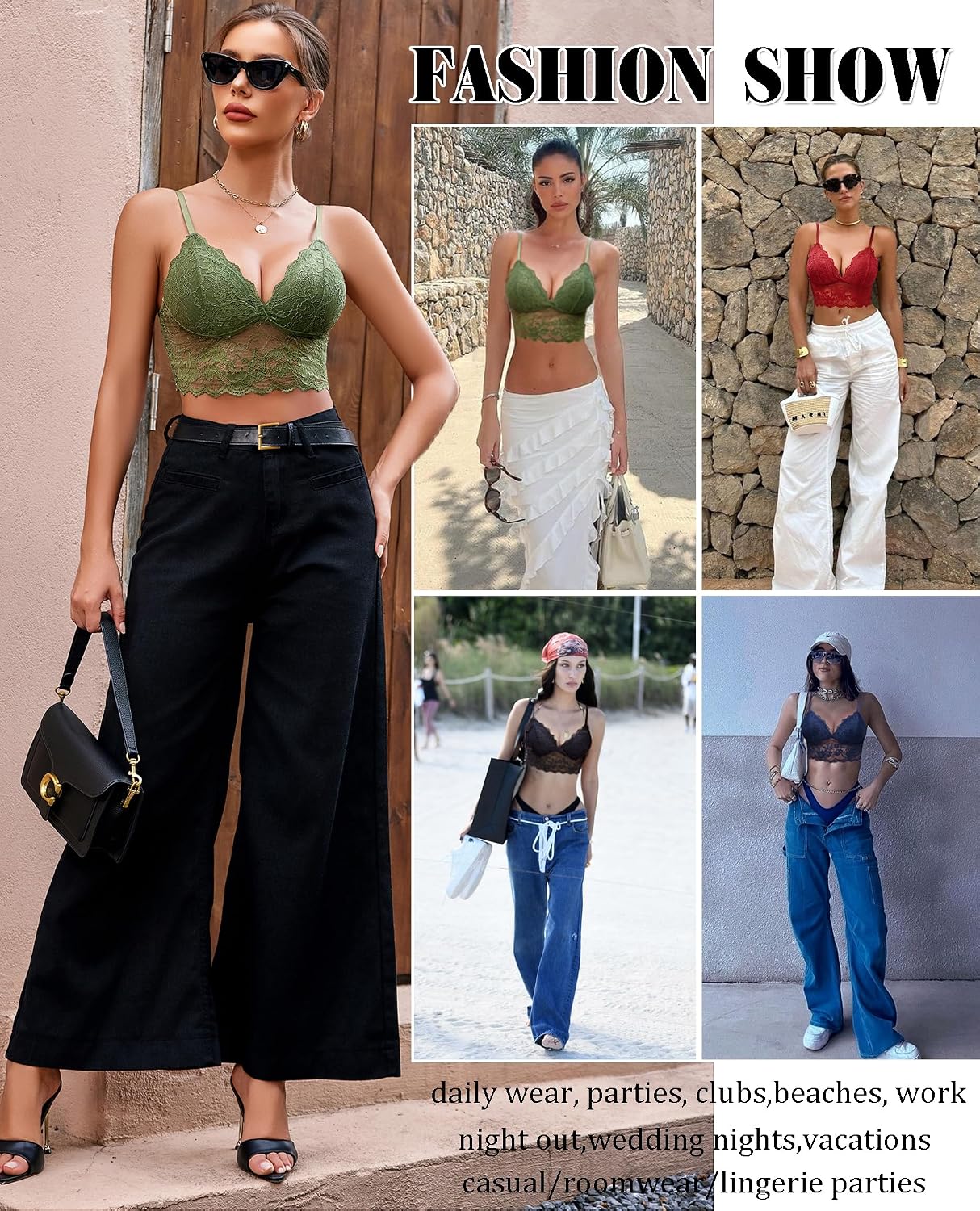 Avidlove Bralettes for Women V Neck Spaghetti Strap Bra Lace Bustier Tops Sexy Cami Crop Top Going Out Lingerie Green