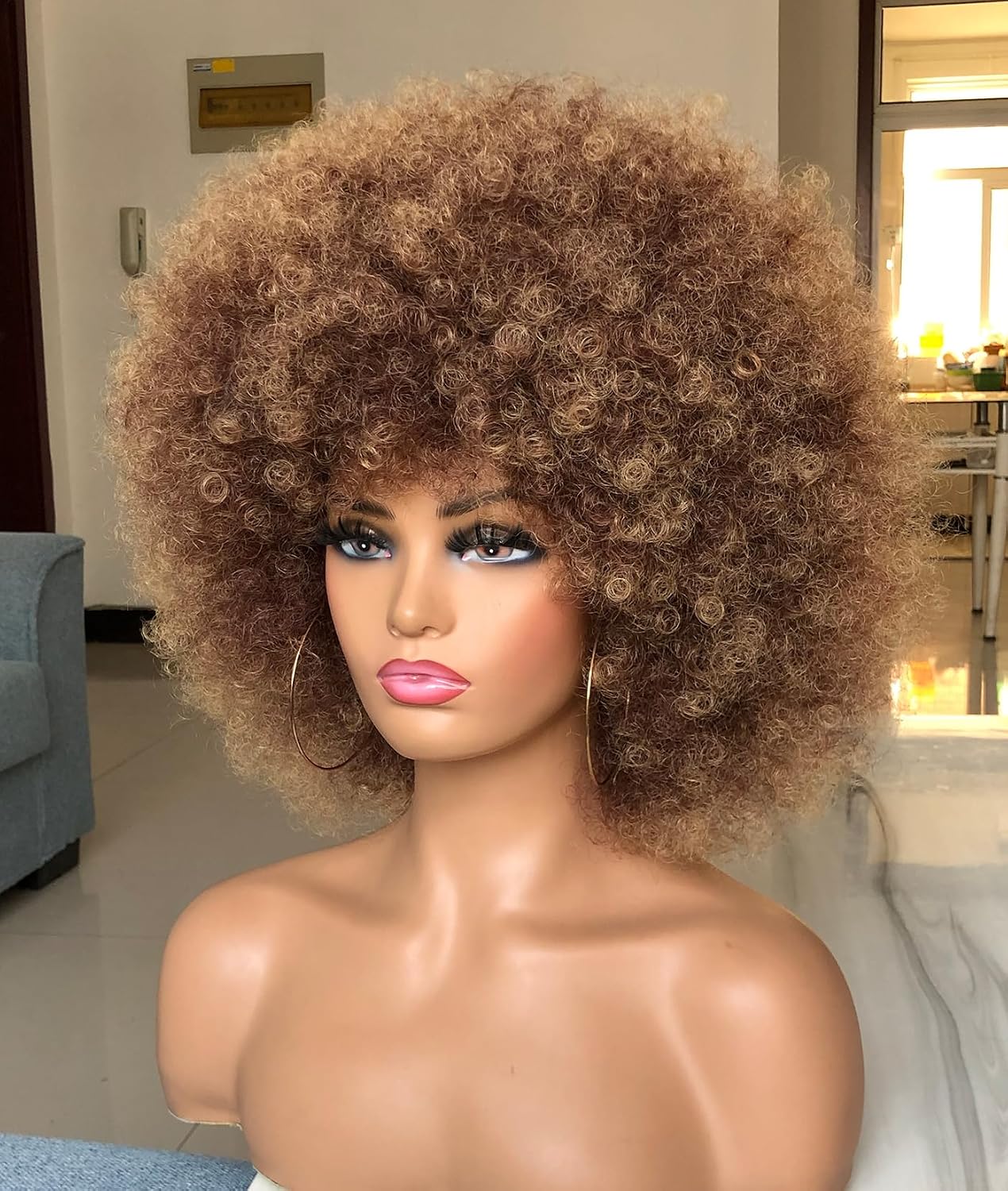 Short Afro Wig with Bangs for Black Women Afro Kinky Curly Wig 70s Premium Synthetic Big Afro Wigs (Ombre Blonde)