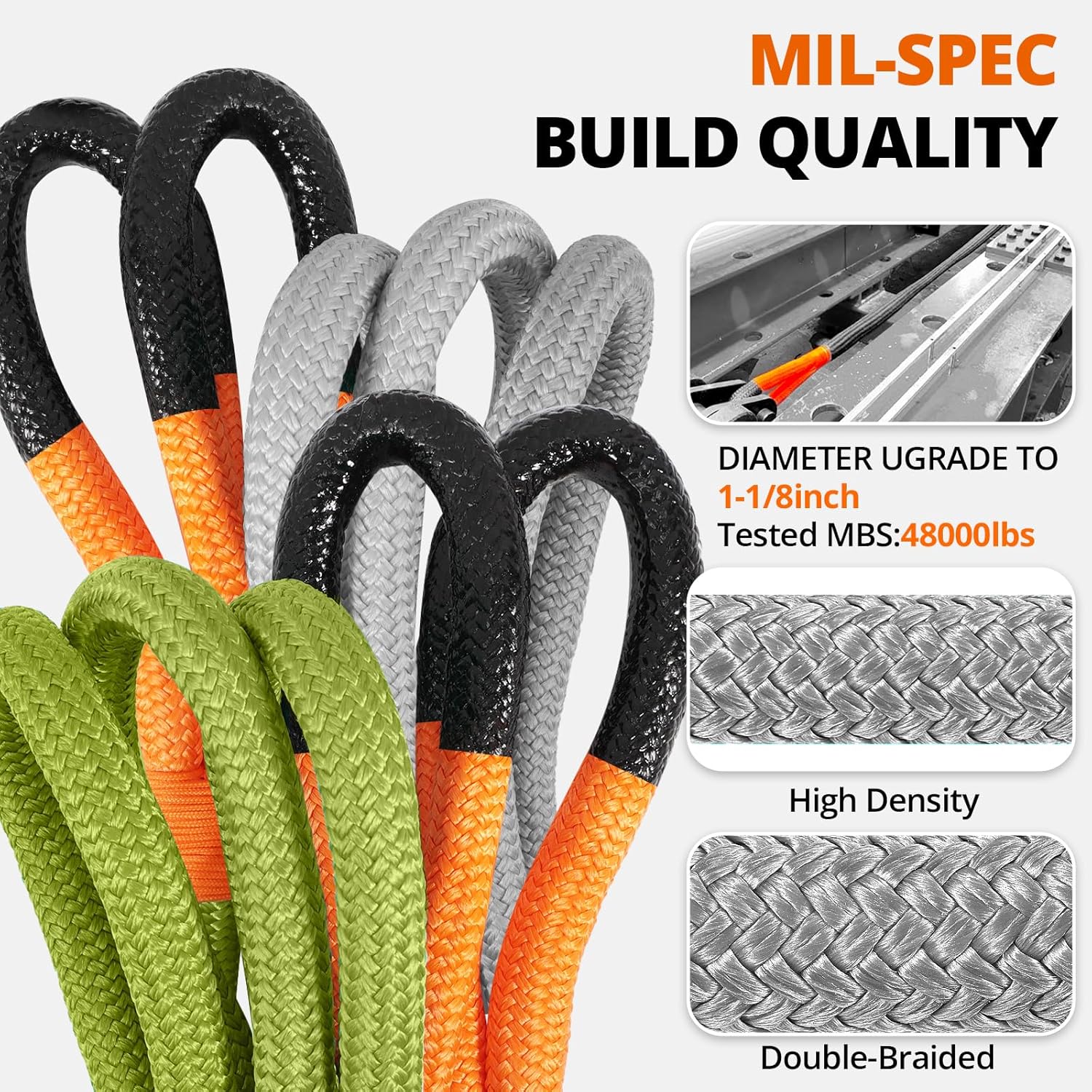 Kinetic Recovery Tow Rope 1-1/8" x30ft Offroad Snatch Strap 48000lbs Heavy Duty Towing Straps Kit for Trucks SUV UTV ATV Tractor Car Jeep - Gray - Image 2
