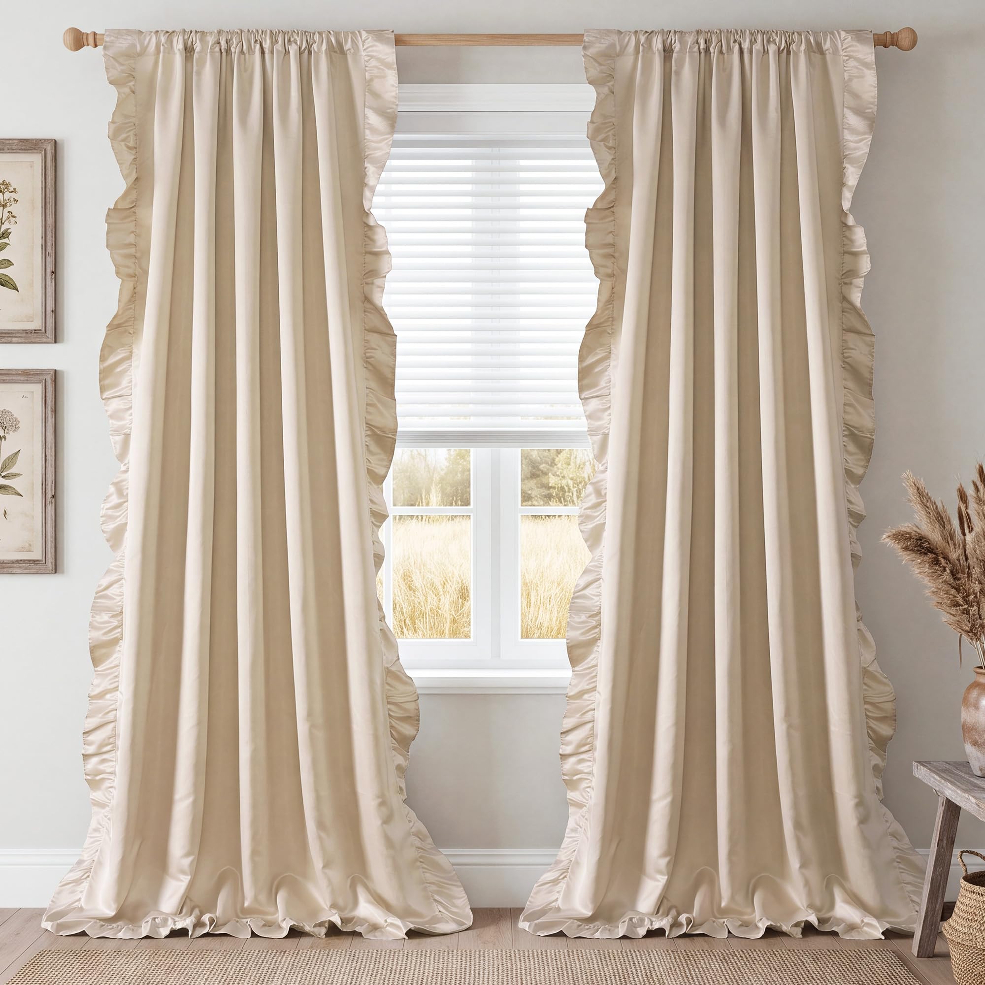 StangH Vintage Beige Ruffle Curtains for Bedroom, Elegant Design, Light Filtering Drapes for Living Room, Perfect for Farmhouse Style, Girls Room, Woman, W52 x L84, 2 Panels