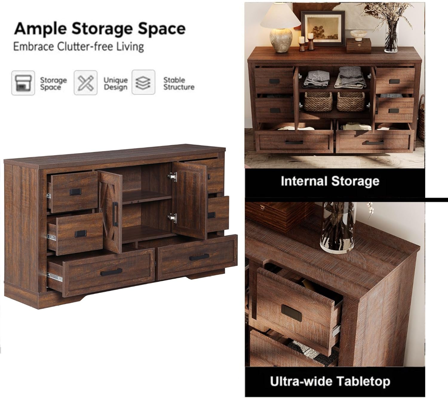 WAMPAT Farmhouse 3 in 1 TV Stand for up to 75 inch TV,Wooden Entertainment Center with 6 Drawers and 2 Barn Doors, Long TV Console Table with Adjustable Shelves for Living Room,Bedroom,Rustic Brown