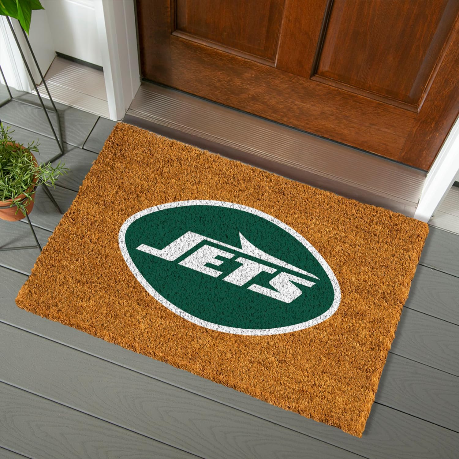 Team Sports America NFL New York Jets Coir Doormat, Official Full Color Team Logo, Extra Large Front Door Mat, Outdoor Indoor Entrance Rug, Non-Slip Welcome Mat for Porch Patio