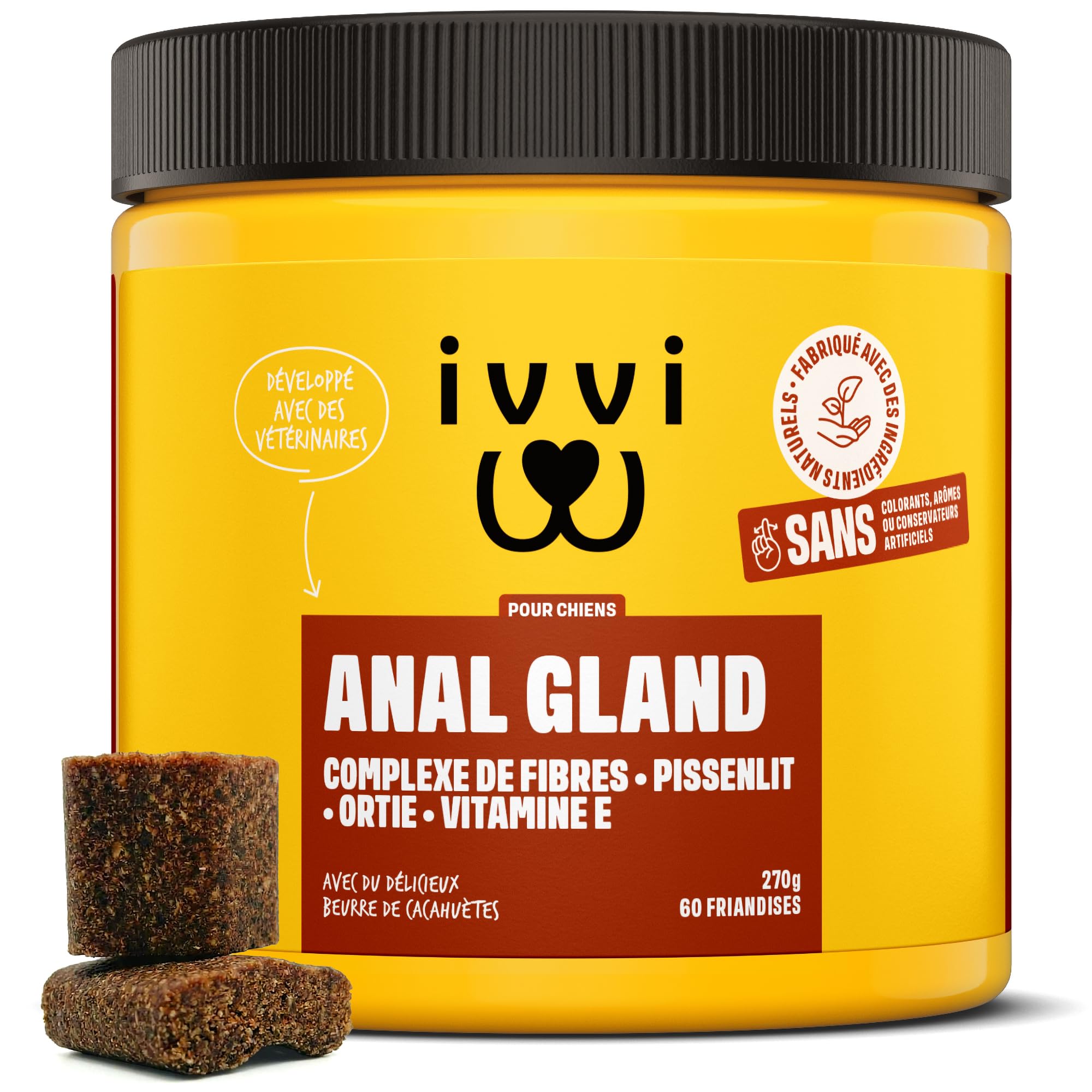 ivvi Anal Gland - 60 Snacks pour la Santé des Glandes Anales des Chiens | Contient Citrouille, Psyllium, Lin, Pissenlit, Ortie et Prébiotiques, à Base de Beurre de Cacahuète 270 g