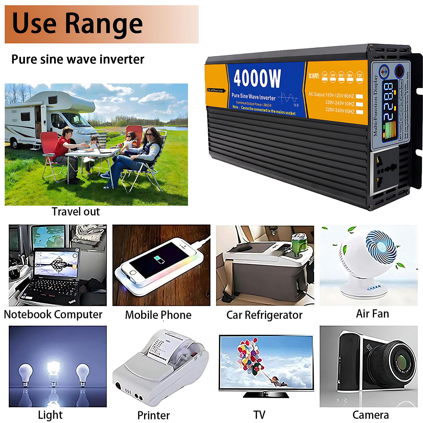 Inversor de Onda sinusoidal Pura de Alta eficiencia, con Pantalla LED y Tomas de AC,de 3000 W/4000 W/5000 W/6000 W/8000 W de Potencia máxima, para Casas, campings y caravanas. 6000w-12v