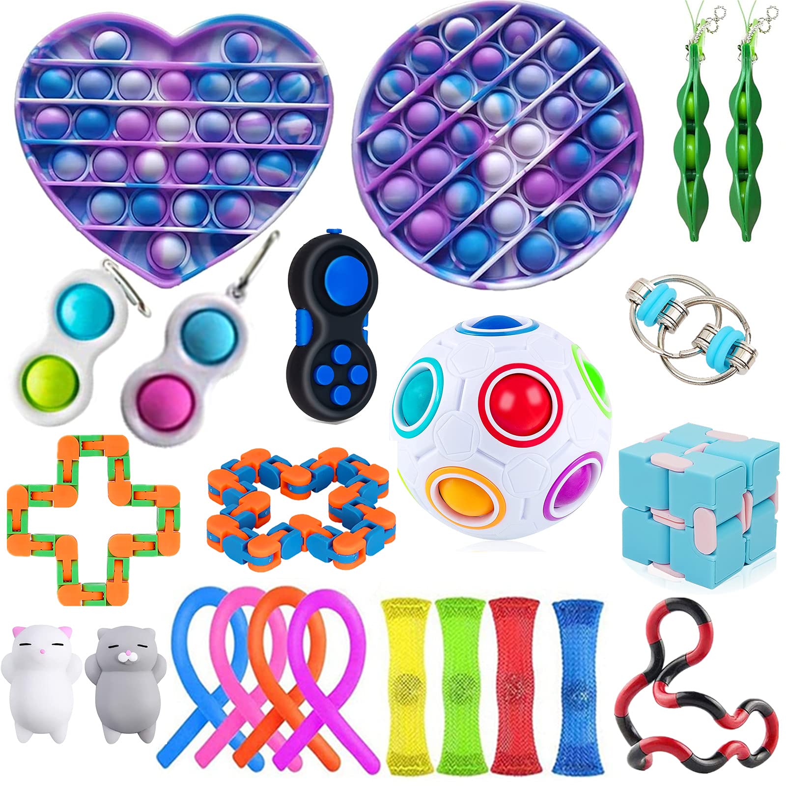 UKKITEK 23 Pcs Fidget Toys Set, Stress Relief and Anti-Anxiety Silicon Sensory Toys Bundle for Kids and Adults, Push Popping Bubble and Simple Dimple, Stress Ball, Infinity Cube, Buckle Ring & More