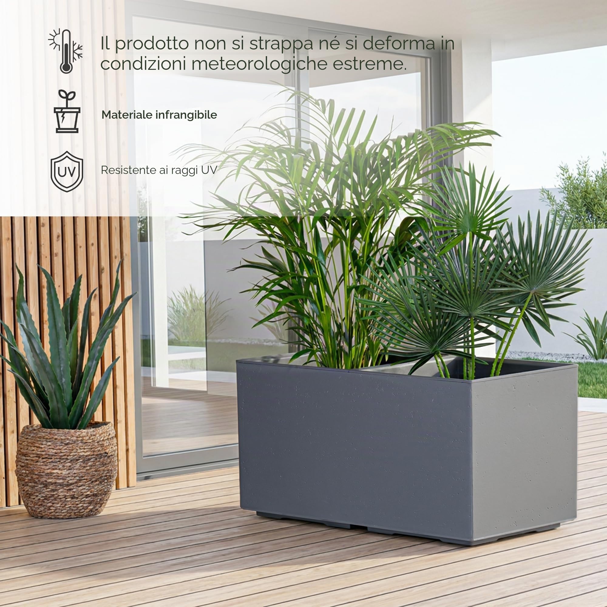 KONZEPT Vaso fioriera grande rettangolare da 40 x 80 x 40 cm con ruote, per interni ed esterni, quadrato, aspetto in cemento, in plastica, mobile, ideale per il giardino, la terrazza, il balcone e gli