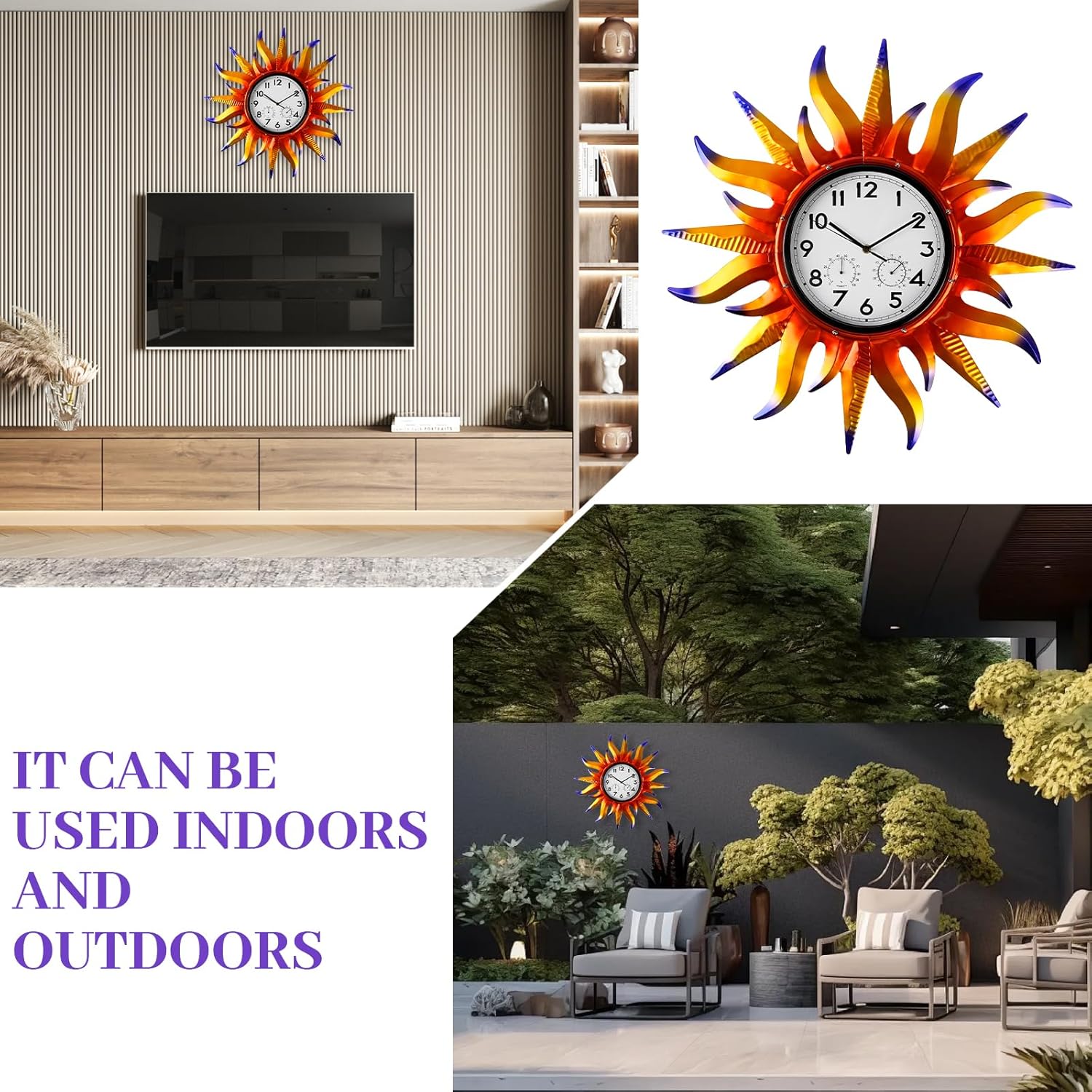 25-Inch Sun-Shaped Outdoor Clock and Thermometer Set, 10-Inch Dial, Battery Powered, Waterproof, Silent Quartz Movement (Violet)