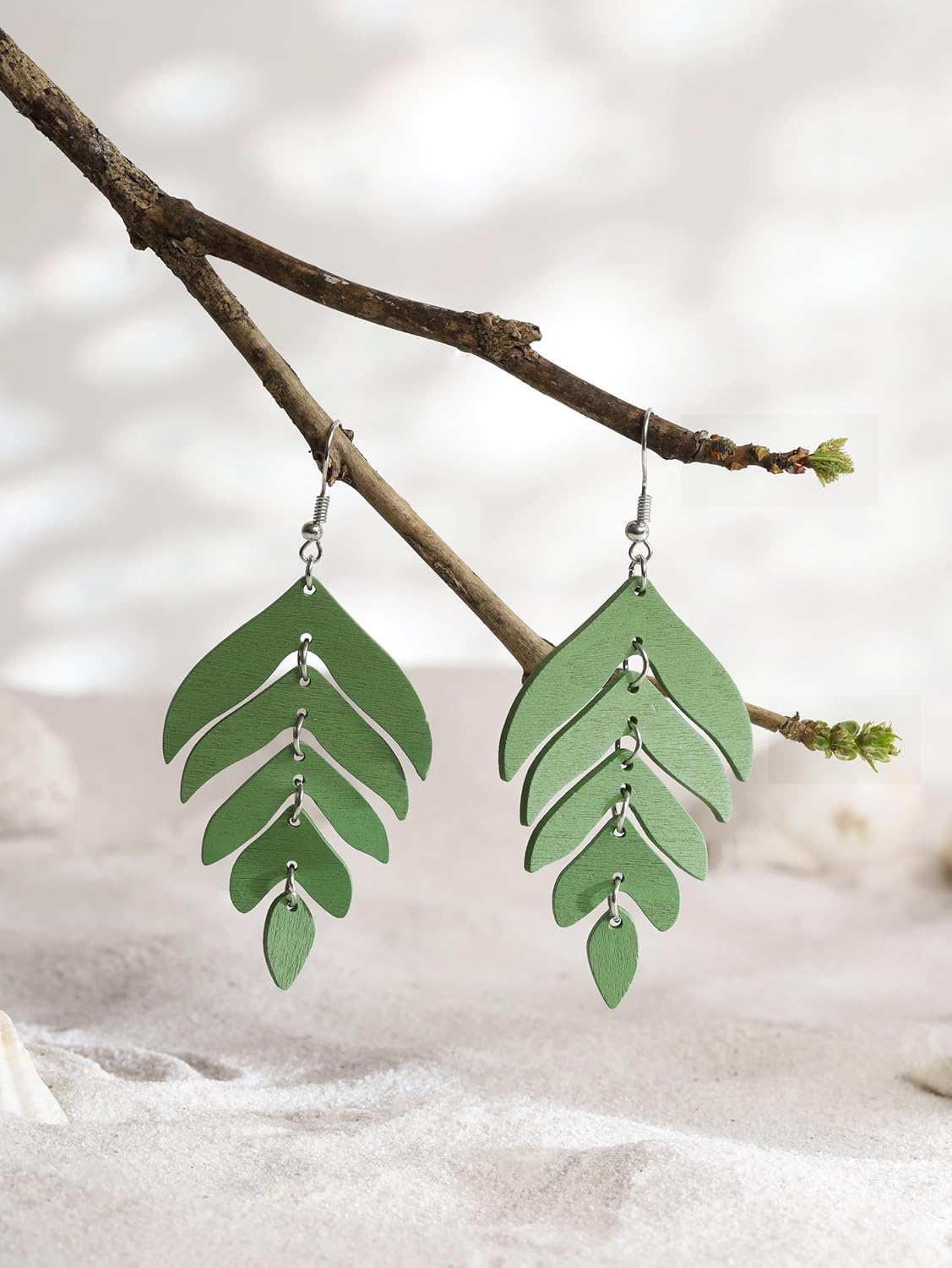 MINACHI Bohemian Chic Green Wooden Layered Leaf Dangle Drop Earrings, Boho Jewelry Gift for Women - Image 3