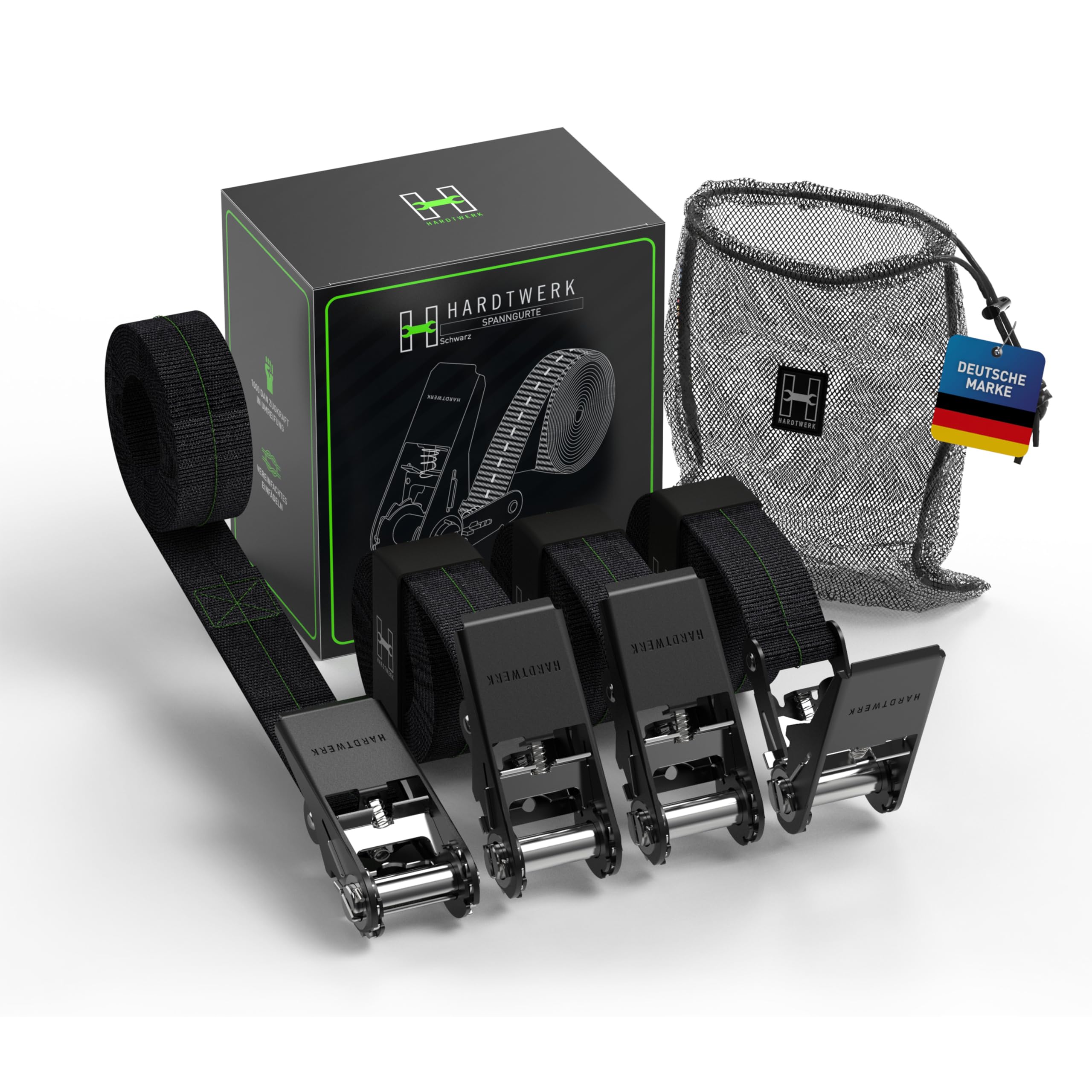 Hardtwerk® Spanngurte mit Ratsche (4 Stück) - 6m, 1000kg Greifkraft, TÜV & GS Zertifiziert - Vielseitige Ratschenzurgurte für den Professionellen Gebrauch - Anhänger, Gepäck & Camping, Schwarz