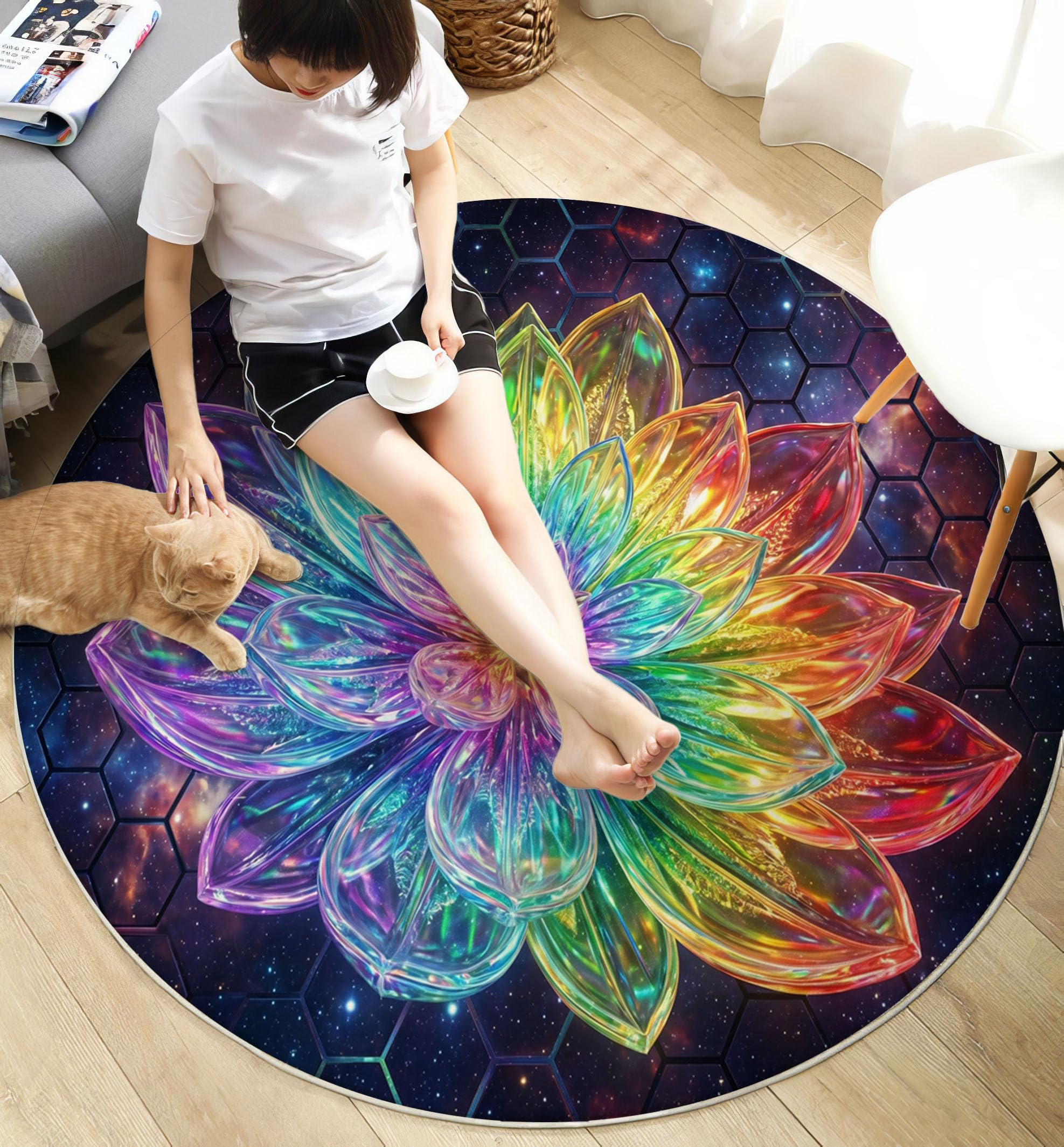 Tapis Rond 100cm Lotus De Cristal Arc-en-Ciel pour Chambre, Géométrie Cosmique Onirique Rond Tapis Antidérapant Lavable en Machine Cuisine Salon Adulte Interieur Bureau Cuisine Decoration