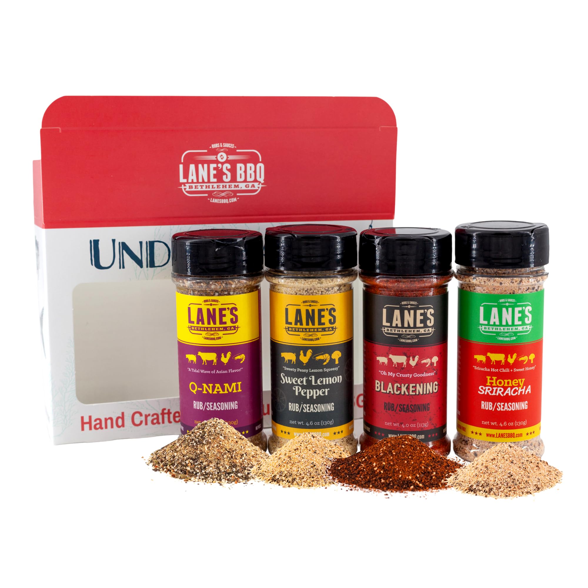 Lane's Under Da Sea Gift Set, All-Natural 4 Rubs Gift Set of Blackened Seasoning, Honey Sriracha Seasoning, Sweet Heat Rub, & Q-Nami Japanese Spices