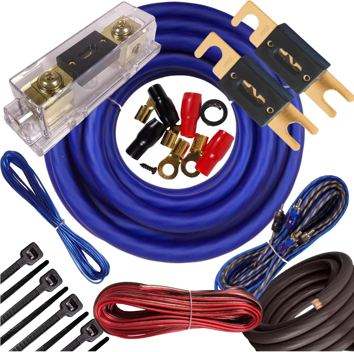 Gravity 1/0 Gauge Power Amp Kit Up to 6500 Watts Premium Elite Pro Flexible RCA Speakers Wires , 250A + 300A Fuse Included , Complete Blue DIY Hobbyist AWG Amplifier Installation Wiring