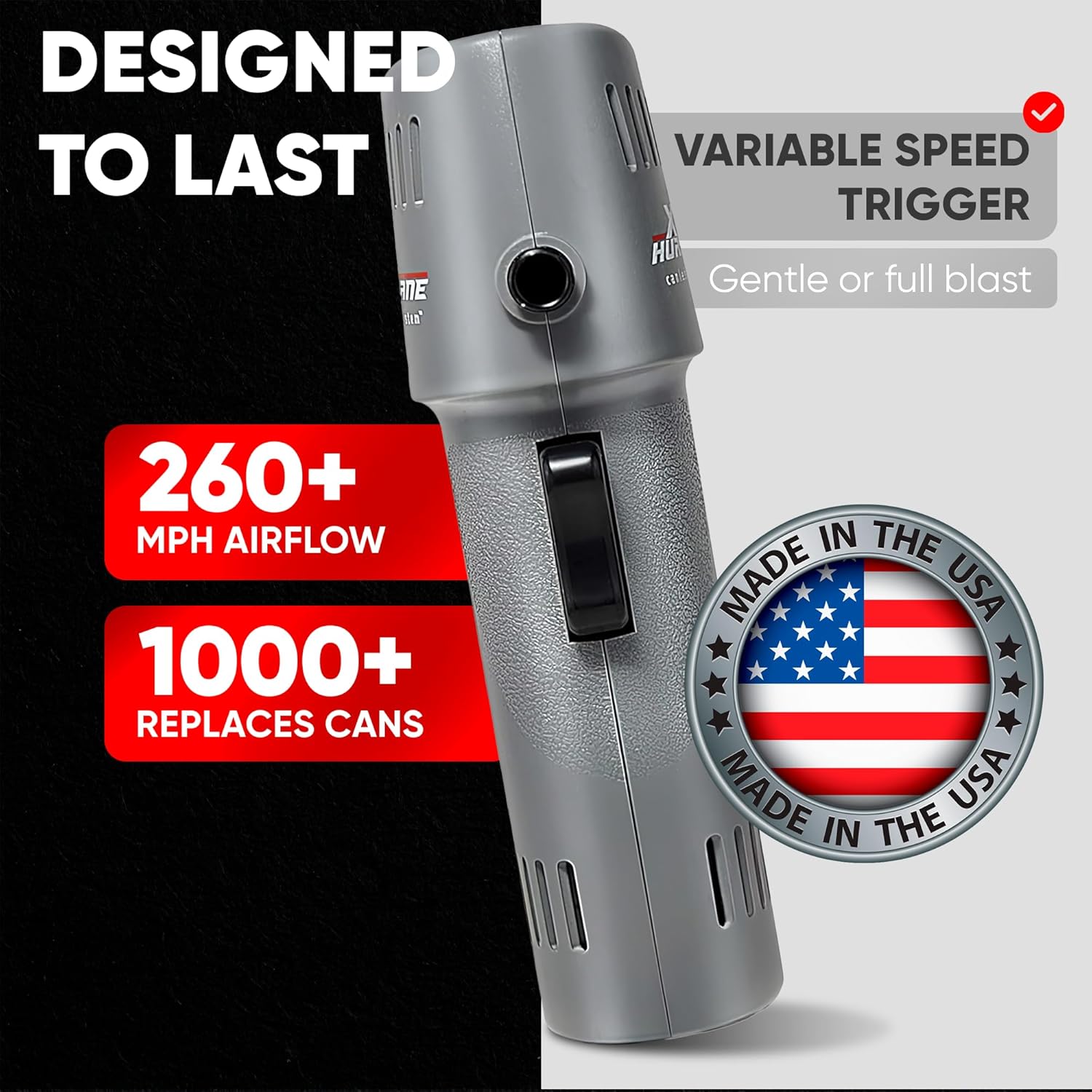 X3 Hurricane Compressed Air Duster | Adjustable Speed up to 260mph | Made in USA | Cordless, Rechargeable Canned Air Duster for Computers | Extended Warranty | 5 Attachments Included