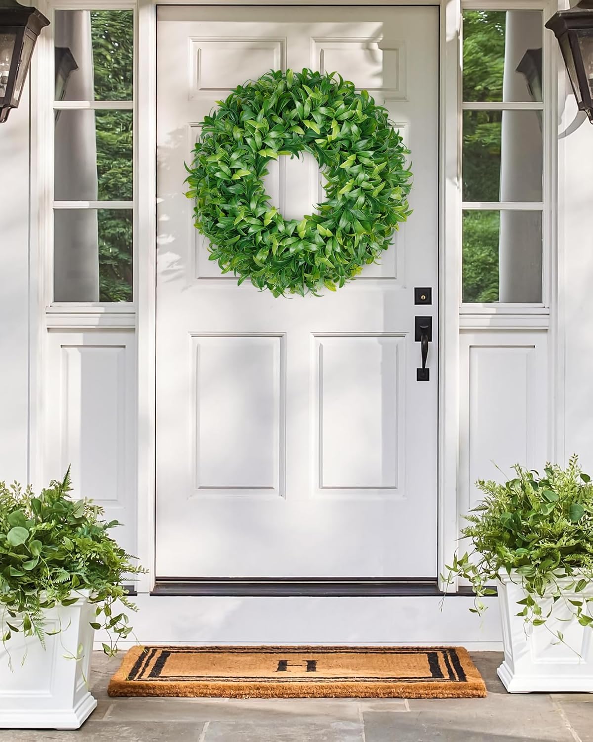Vlorart 24 Inch Large Greenery Wreath for Front Door, Artificial Green Leaves Spring Summer Door Wreaths, Boxwood Wreath for Indoor Outdoor Farmhouse Home Wall Window Wedding Decor All Season