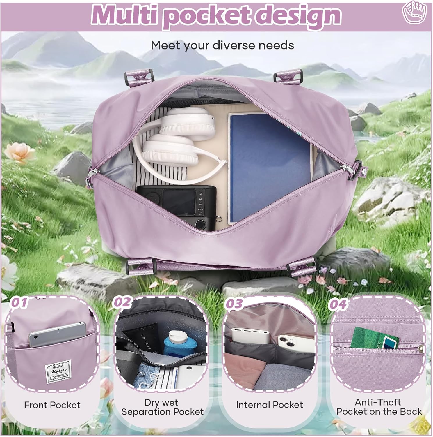 Small Gym Bag for Women, Purple Stylish Duffle Travel Bag for Plane, Lightweight Duffle Bag for Women, Sport Gym Tote Bag with Wet Pocket for Yoga, Pilates, Swimming - Image 4