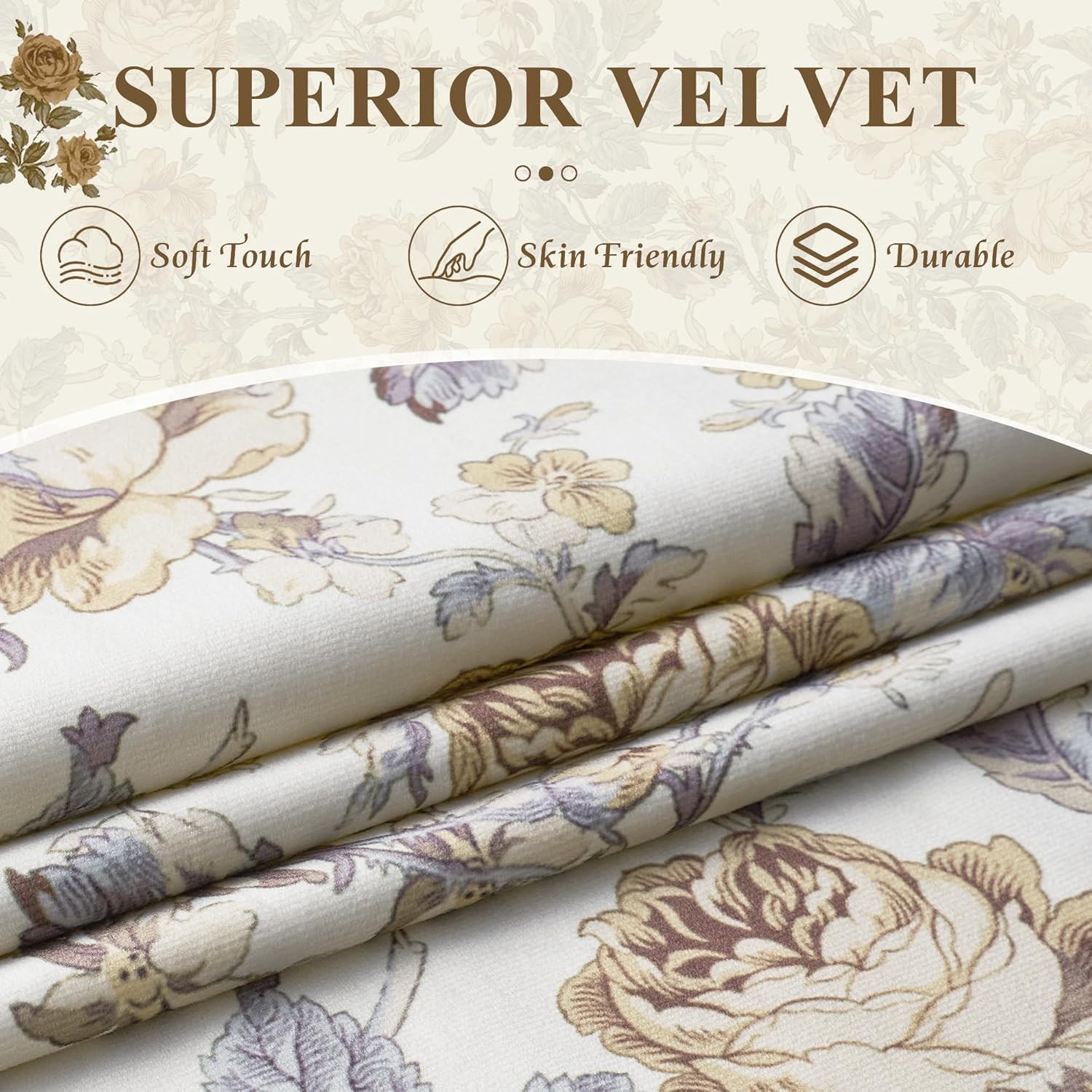 StangH Printed Floral Curtains 84 inches Long, Vintage Flower Pattern on Beige Velvet Curtains French Country Thermal Insulated Sliding Door Panels for Living Room, W52 x L84, 2 Panels