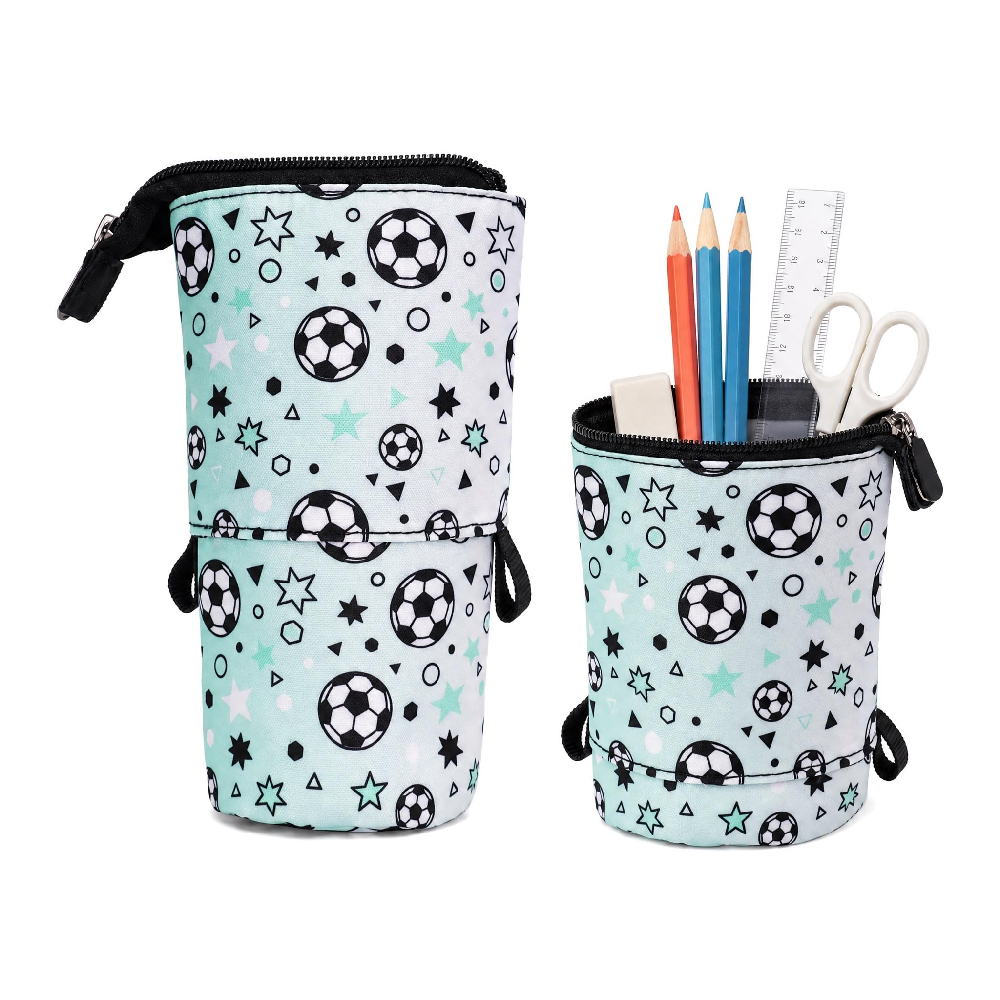 YCDKK Football Pencil Case for Boys, Standing Telescopic 2-in-1 Pencil Pouch, Large Capacity Boys Stationery Case, Football Themed School Pencil Bag for Kids (Green)