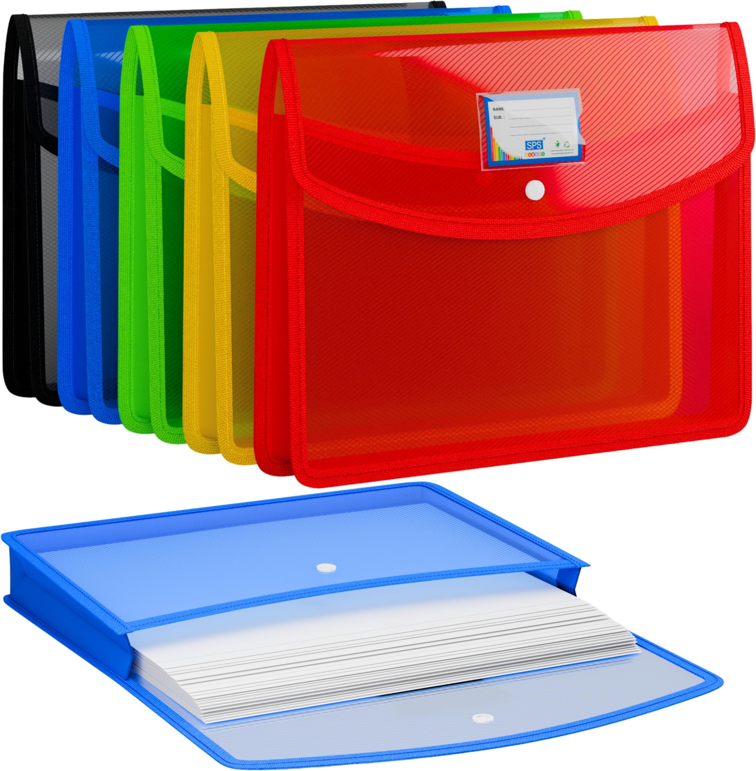 SPS File Folder, Transparent Poly-Plastic A4/Foolscap Documents File Storage Bag with Snap Button Set of 5/ Certificate File Folder