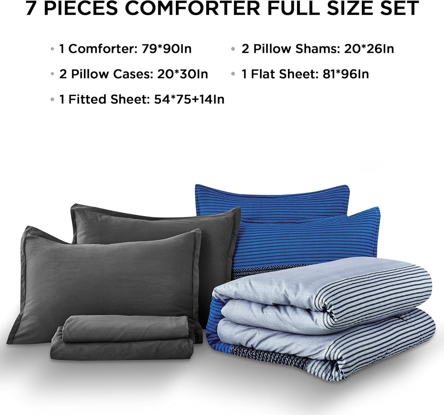 Andency Full Size Comforter Set 7 Pieces - Blue Grey Striped Lightweight Bed in a Bag, Soft Microfiber Farmhouse All Season Bedding Set with Comforter, Fitted & Flat Sheet, Pillowcases & Shams - Image 7