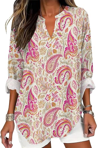 Boho Long Sleeve Top for Women Floral Print Summer V Neck Tunic Shirts Dressy Casual Vintage Flowy Baggy Blouses